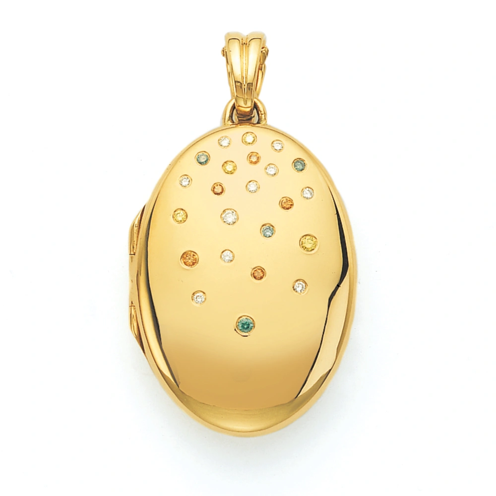 Oval locket necklace in yellow gold with coloured diamonds.