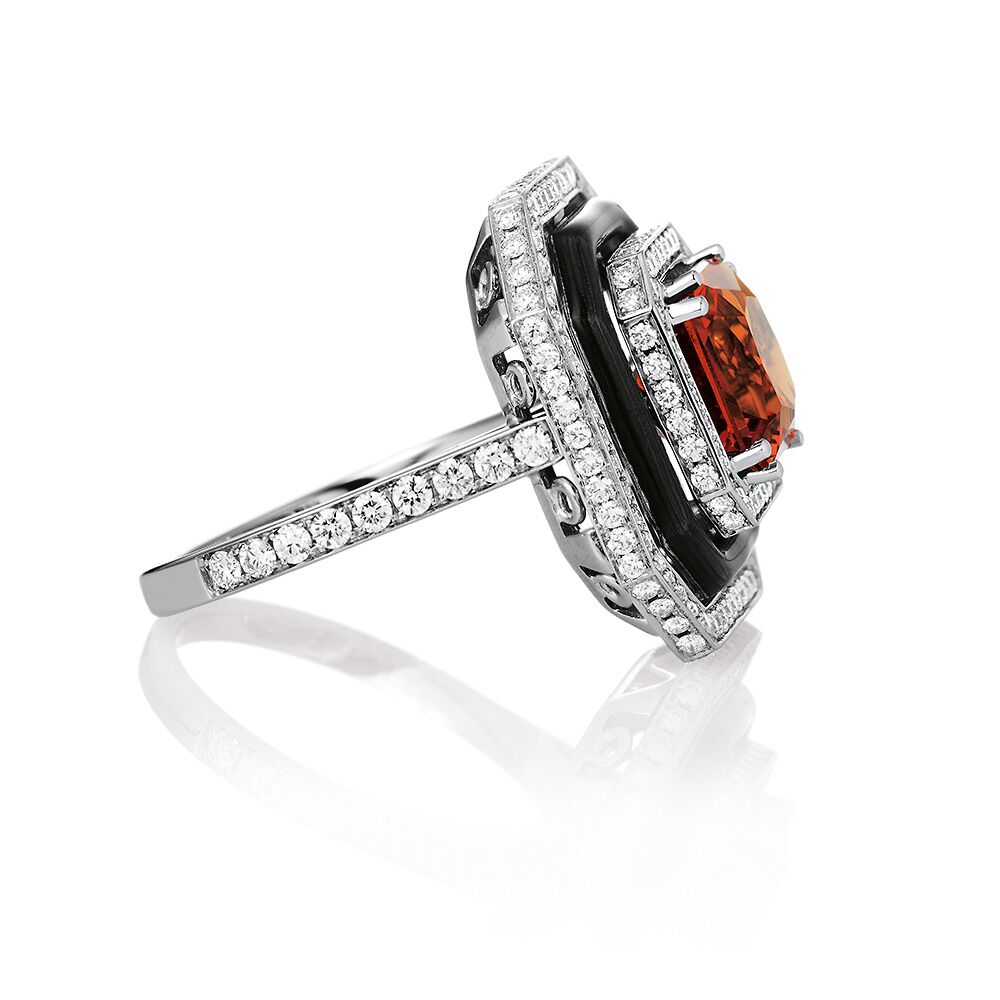 Gold-Ring mit Diamanten, schwarzem Emaille und orangefarbenem Edelstein