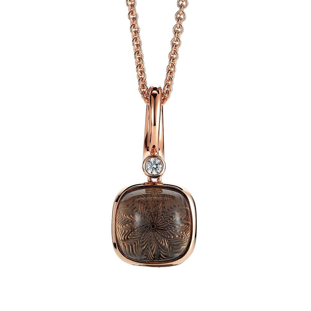 Gold Anhänger mit braunem Edelstein auf guillochierter Fläche mit Diamant