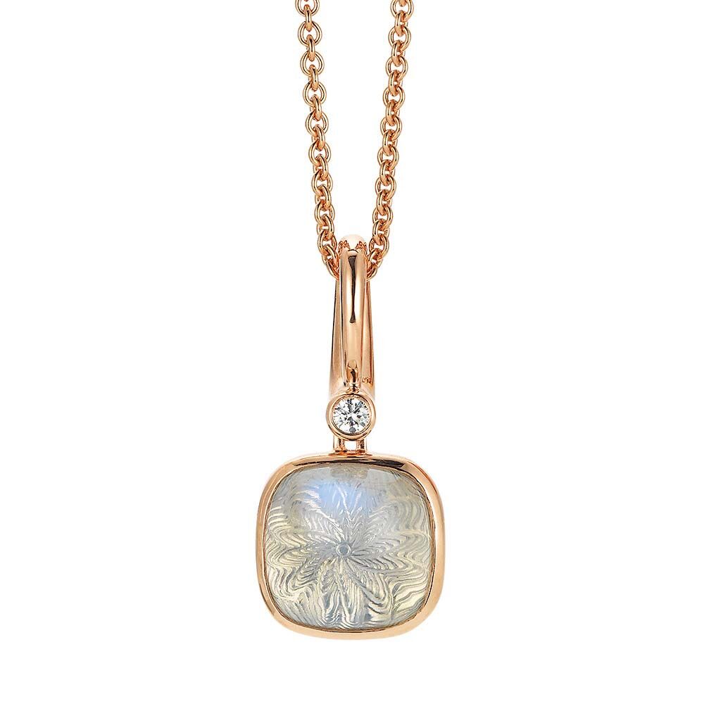 Gold Anhänger mit blau schimmerndem Edelstein auf guillochierter Fläche mit Diamant