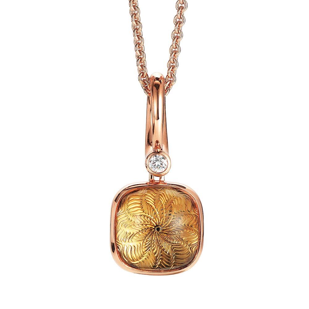 Gold Anhänger mit gelbem Edelstein auf guillochierter Fläche mit Diamant