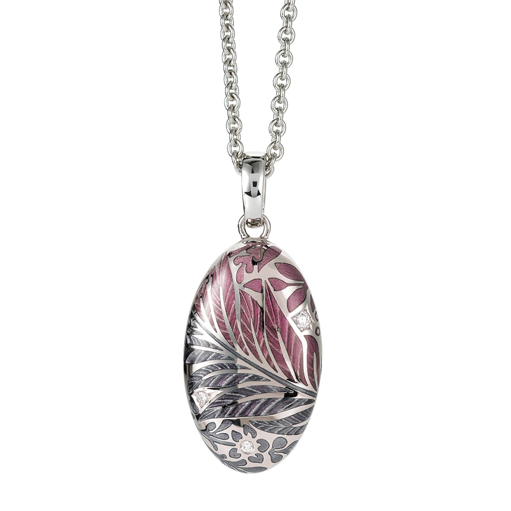 Oval pendant in white gold, with purple and red color and diamonds.