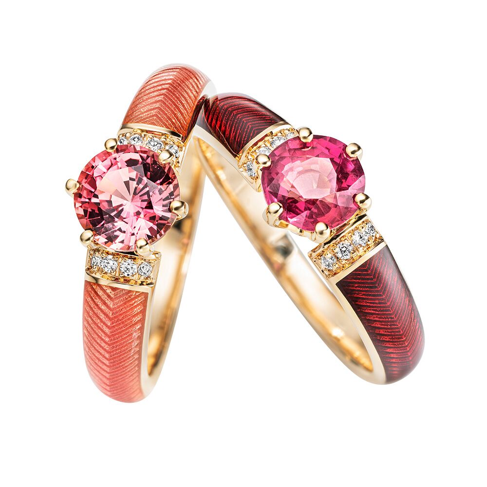 Diamant-besetzter Gold-Ring mit rot emailliertem Guilloche und Padparadscha