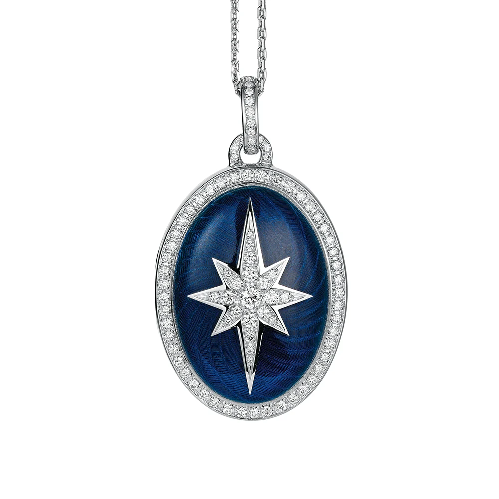 Medaillon aus Weißgold in Electric Blue Farbe und ovaler Form verziert mit einem Kranz aus Brillanten und einem Brillanten-Stern