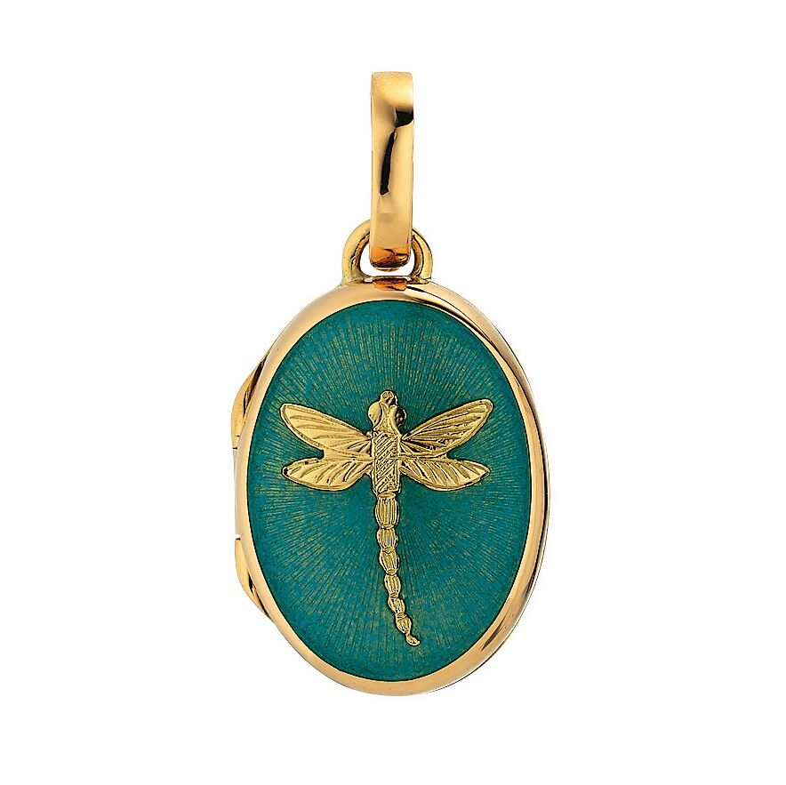 gelb-goldener, ovaler, Medaillon-Anhänger mit opal-türkisem Emaille