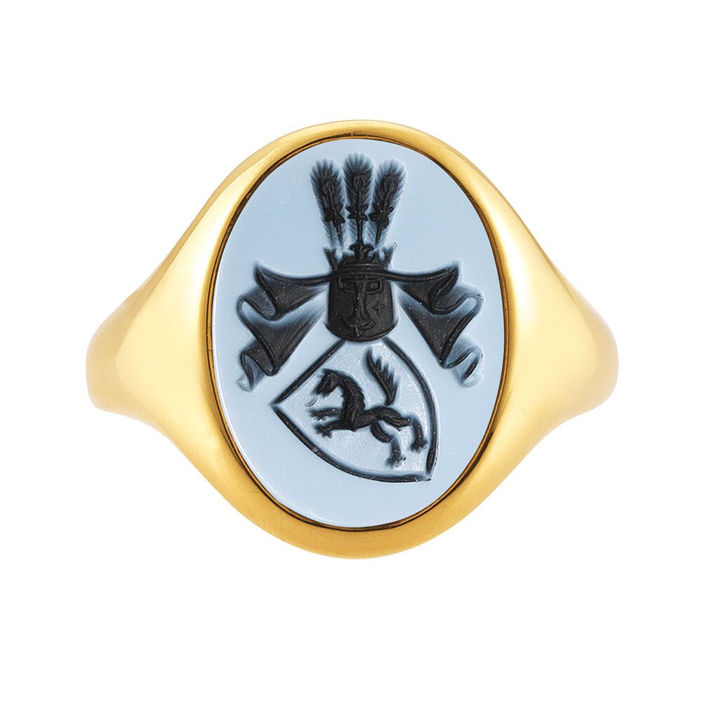 Yellow-gold signet-ring with oval blue niccolo with an engraved coat of arms