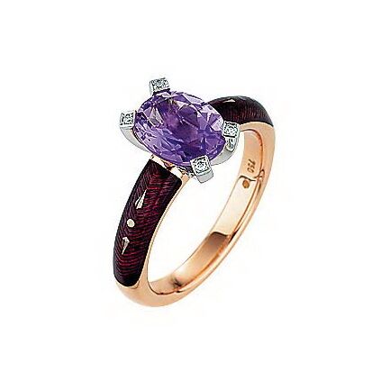 Diamant-besetzter Gold-Ring mit lila emailliertem Guilloche und Amethyst