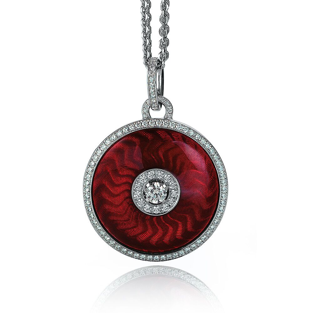 Diamond-set, gold pendant with aubergine red guilloche enamel