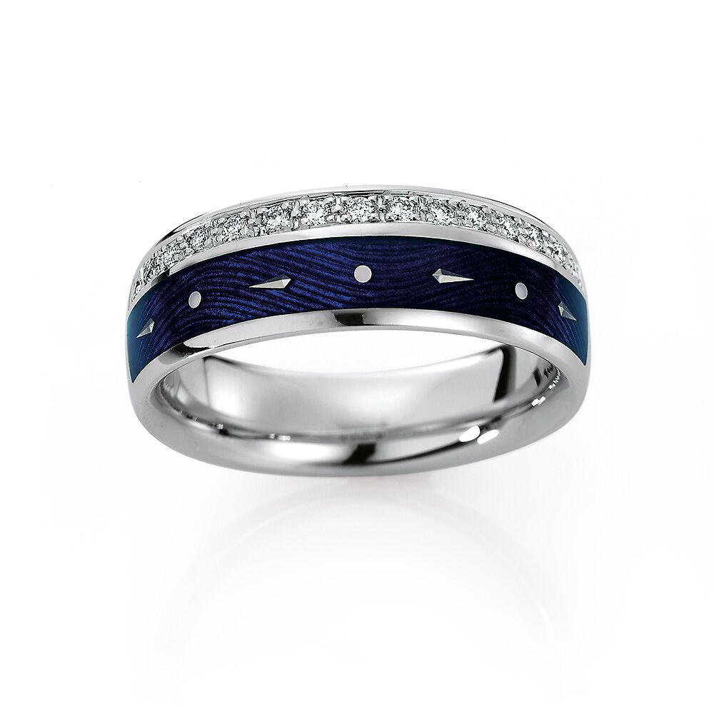Diamond-set, white gold ring with blue guilloche enamel and paillons