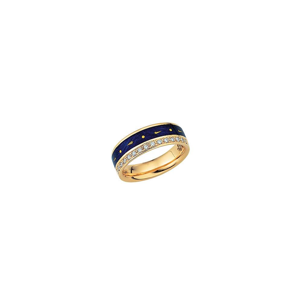 Diamond-set, yellow gold ring with blue guilloche enamel and paillons