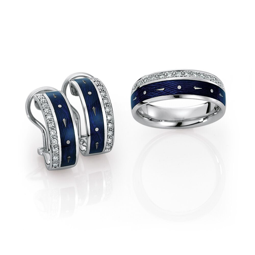 Diamond-set, white gold ring and earrings with blue guilloche enamel and paillons
