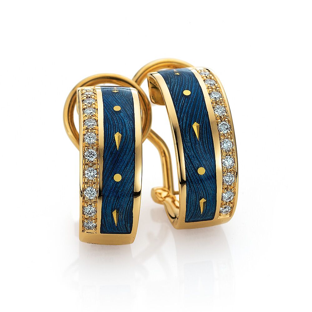 gravierte Gold Ohrringe mit Diamanten und blauem Emaille