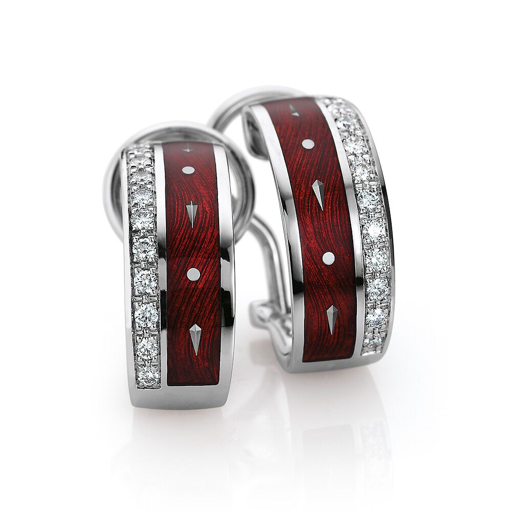 diamond-set, white gold earrings with red guilloche enamel and paillons