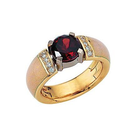 gravierter Gold Ring mit opalfarbenem Emaille, Diamanten und rotem Edelstein