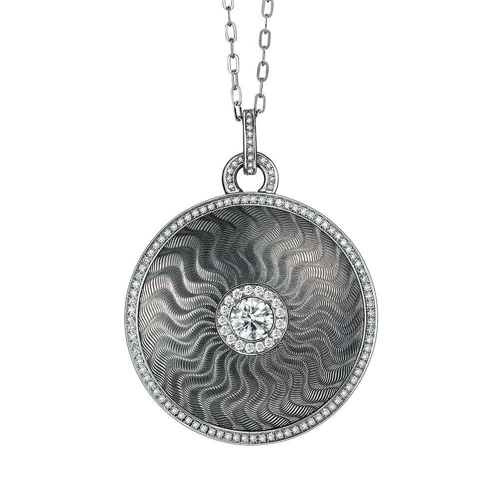 Diamond-set, yellow-white-gold pendant with silver guilloche enamel