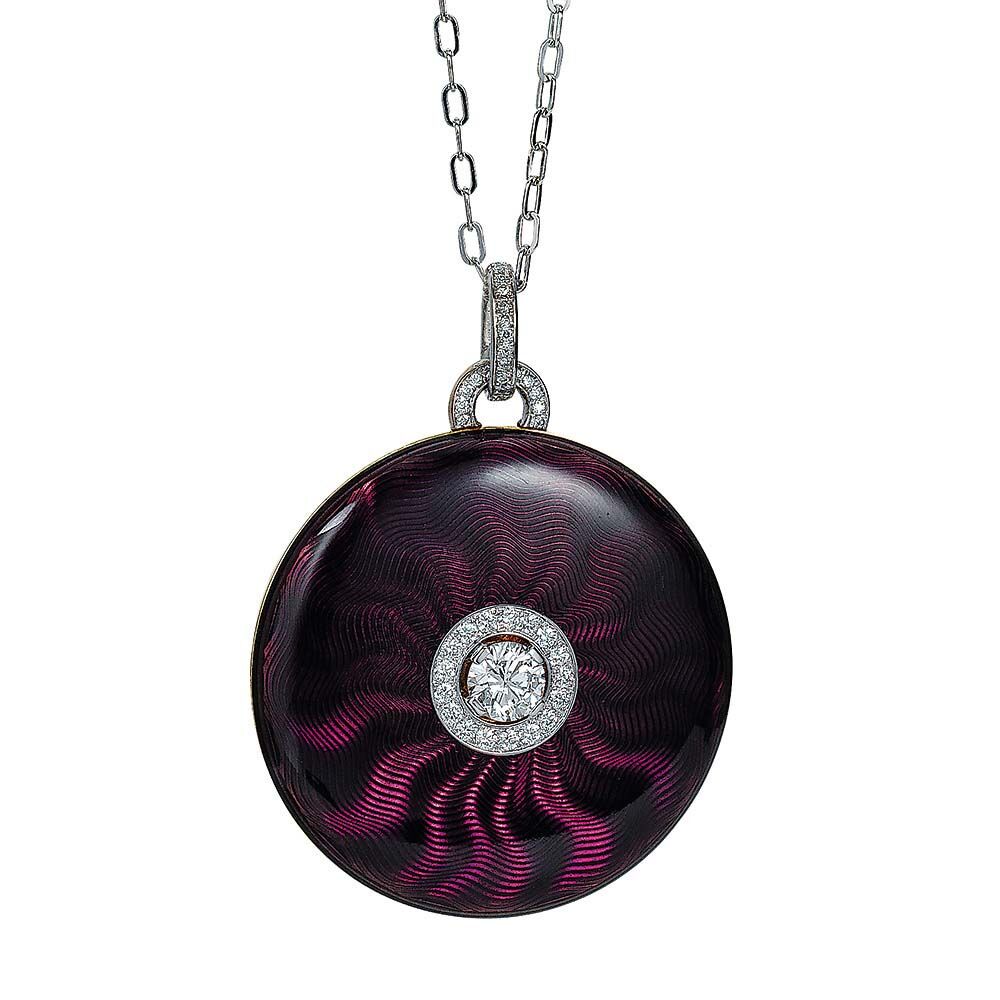 gravierter Gold Anhänger mit Brillanten und violettem Emaille