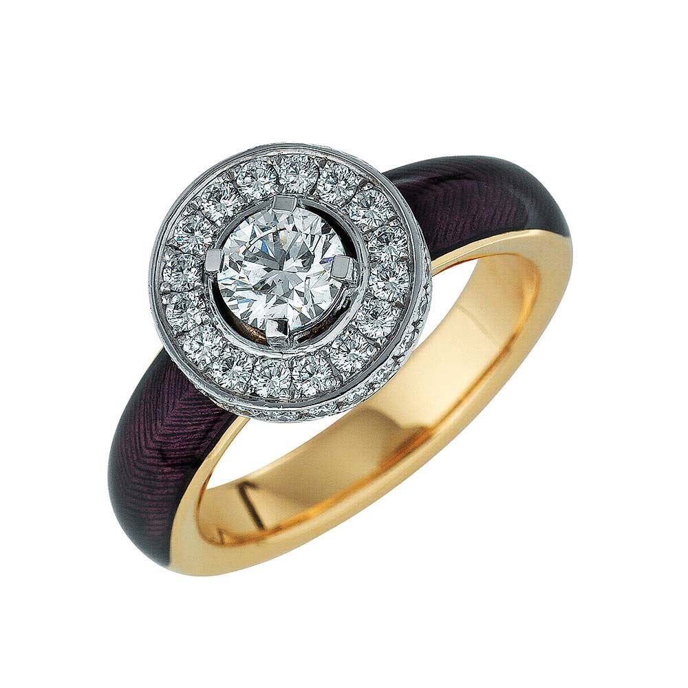 gravierter Gold Ring mit Brillanten und violettem Emaille