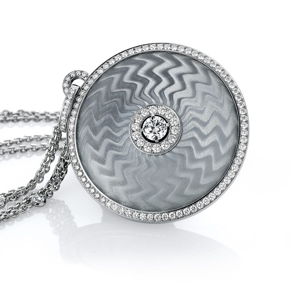 Diamant-besetzter Gold-Anhänger mit silberfarben emailliertem Guilloche