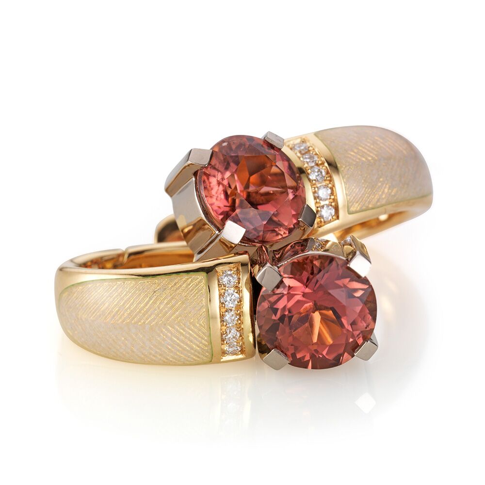 diamond-set, yellow-white-gold earrings with opal white guilloche enamel and pink tourmaline