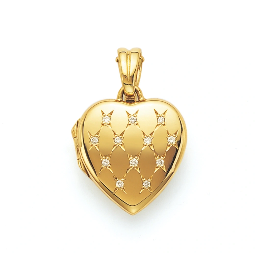 Heart shaped locket necklace in yellow gold, decorated with diamonds and green lacquered
