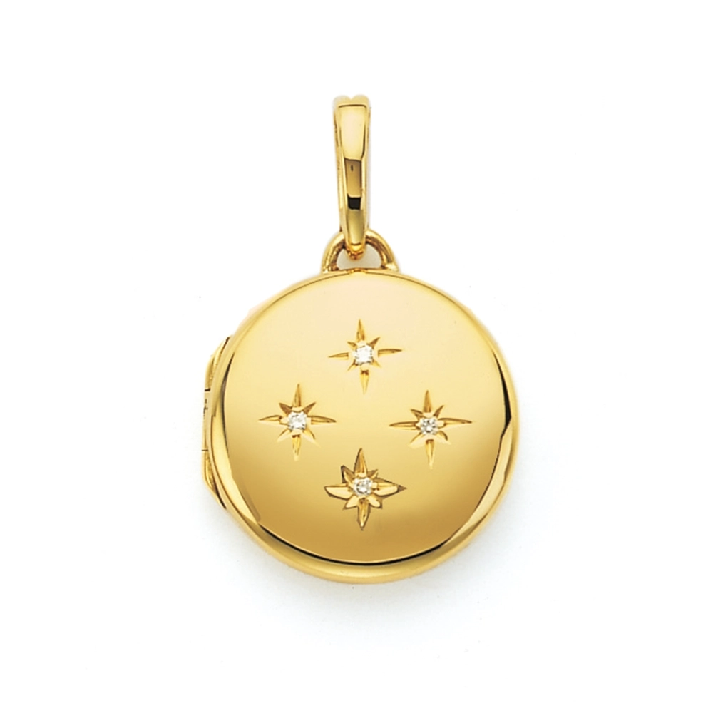 Round locket necklace in yellow gold, decorated with four diamonds