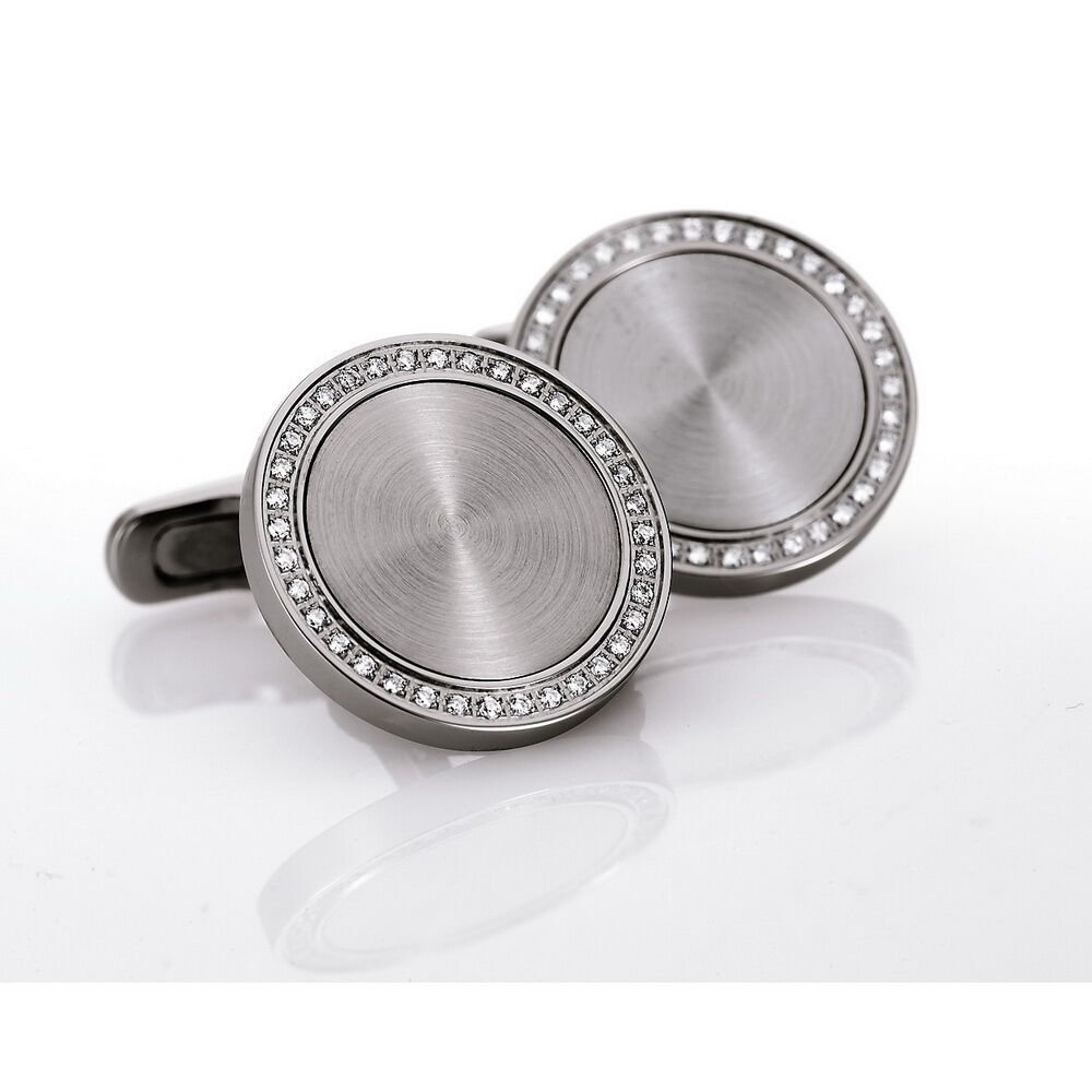 Runde Edelstahl-Manschettenknöpfe mit Diamantkranz und Edelstahl-Intarsie