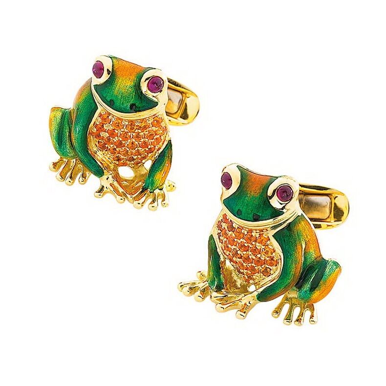 Gold-Manschettenknöpfe mit grünem, herbstgelb und smaragdgrünem Emaille sowie mit Mandarin Granaten und Rubinen besetzt-Frosch