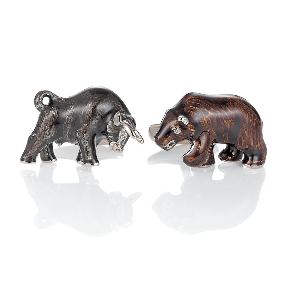 Zweifarbig-emaillierte-Gold-Manschettenknöpfe-Stier und Bär