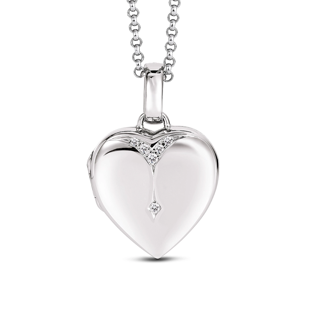 Heart locket necklace in white gold with diamonds