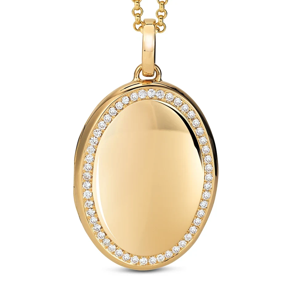Ovales Medaillon-Collier in Gelbgold verziert mit einem Ring aus Brillanten