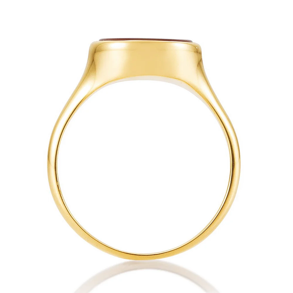 Signet ring yellow gold with red oval gemstone with engraved shield on it a horse. Side view.