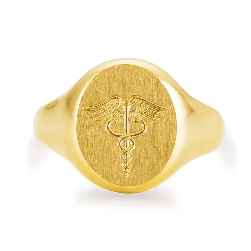 Siegelring in Gelbgold oval mit graviertem Caduceus-Symbol