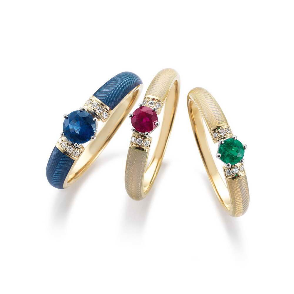 Gold Ring Emaille Guilloche Saphir Smaragd Diamanten blau rot grün