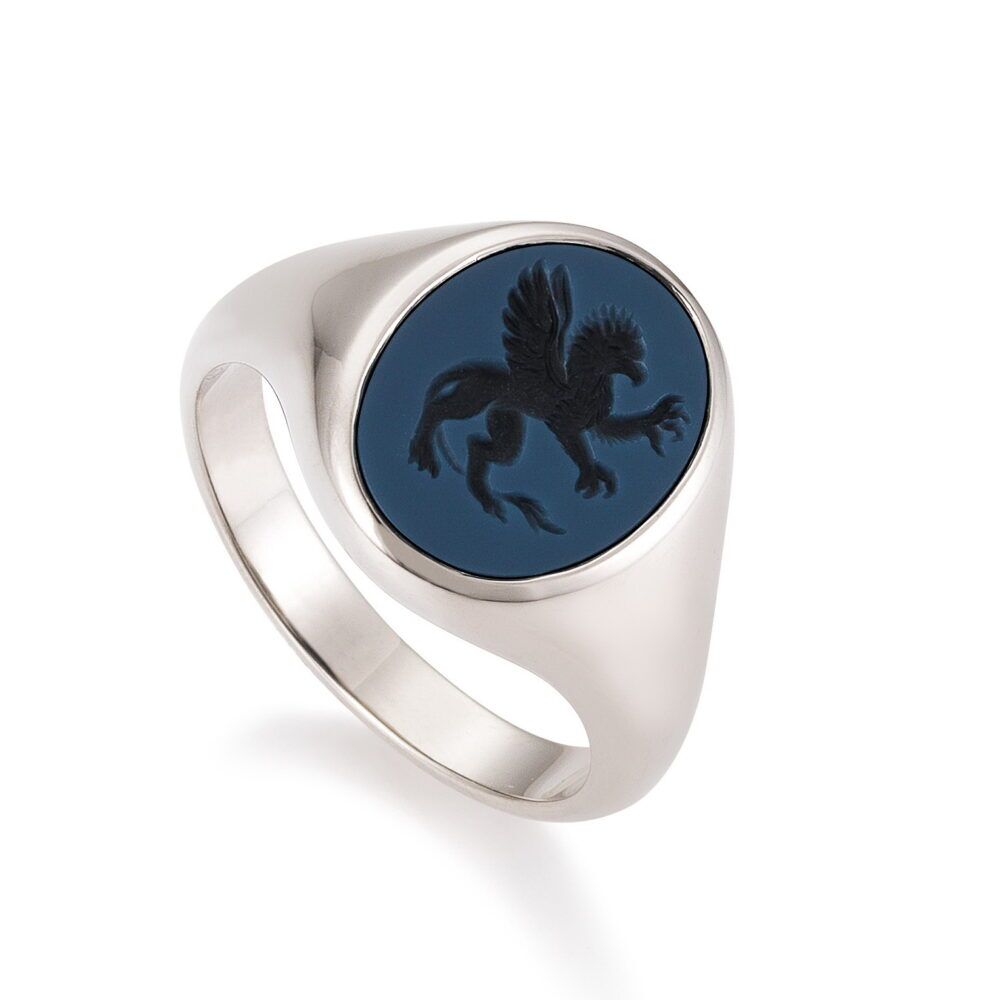 Victor Mayer White Gold Signet Ring 18k Layered onyx Griffin Engraving