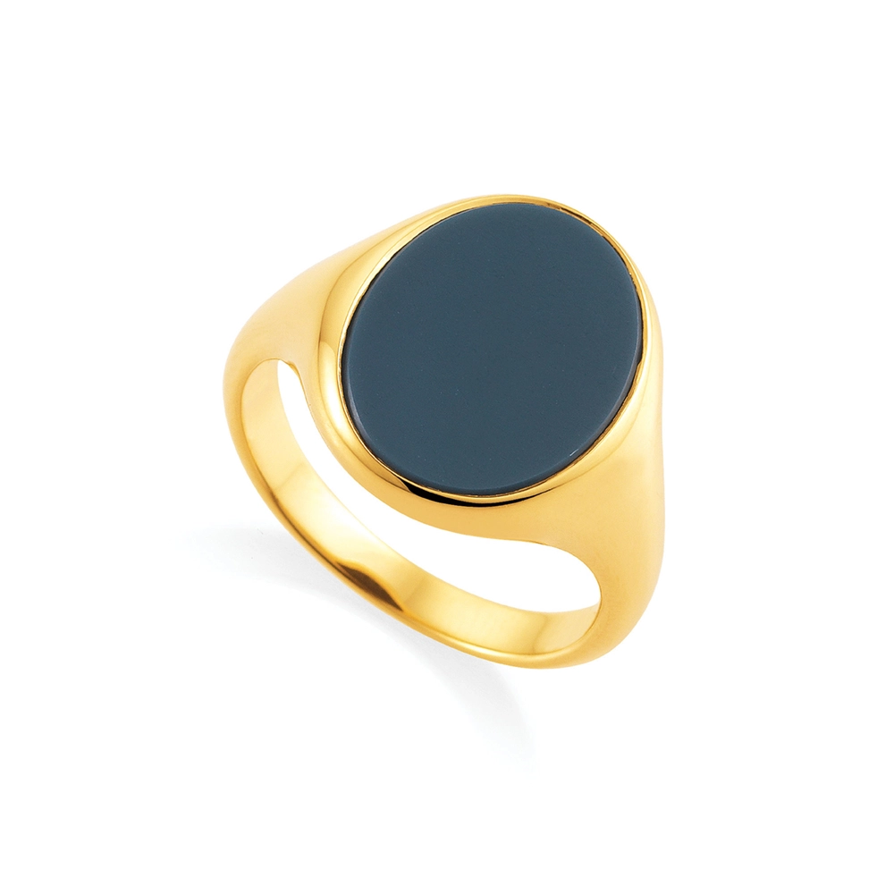 Siegelring aus Gelbgold mit ovalem und blauem Onyx 17,0 x 13,0 mm - ohne Gravur Vogelperspektive von links
