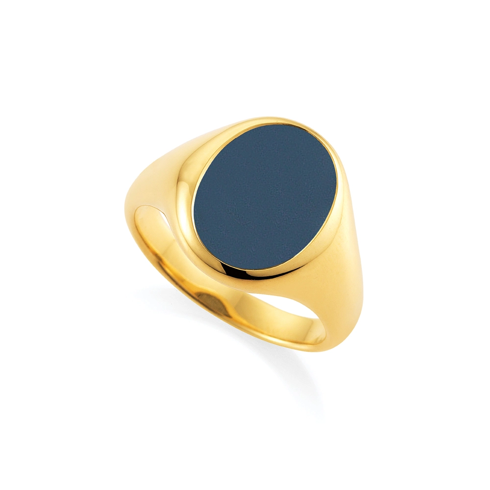 Siegelring aus Gelbgold mit ovalem blauem Onyx 14,5 x 11,0 mm - ohne Gravur Vogelperspektive von links