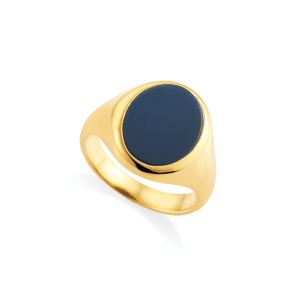 Siegelring aus Gelbgold mit ovalem und blauem Onyx 13,5 x 10,5 mm - ohne Gravur Vogelperspektive von links