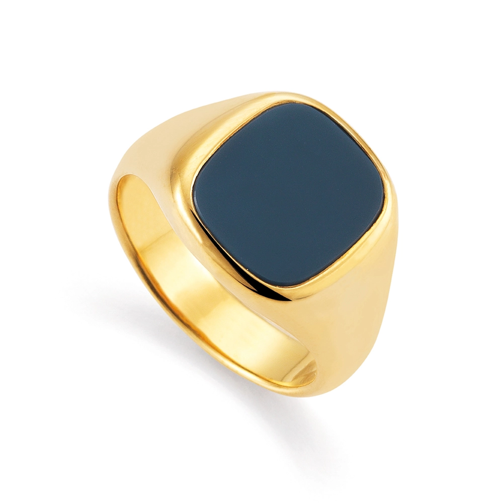 Rechteckiger Siegelring mit gerundeten Seiten aus Gelbgold mit blauem Onyx 13,3 x 11,5 / 14,0 mm- ohne Gravur Vogelperspektive von links