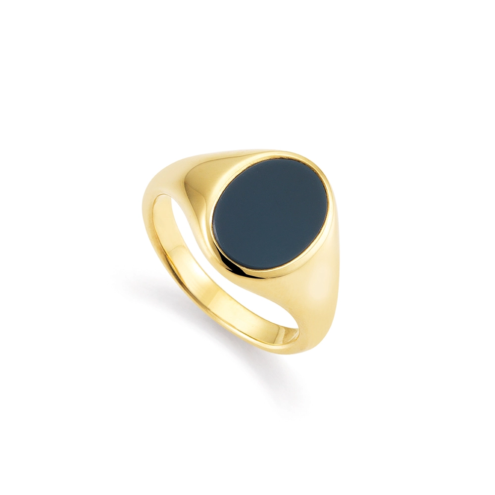 Siegelring aus Gelbgold mit ovalem und blauem Onyx 12,0 x 9,0 mm - ohne Gravur Vogelperspektive von links