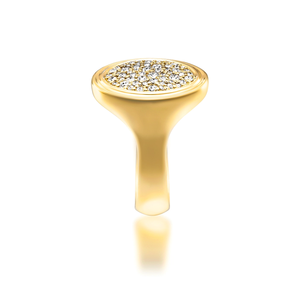 Oval signet ring, yellow gold, diamonds, engraved outline