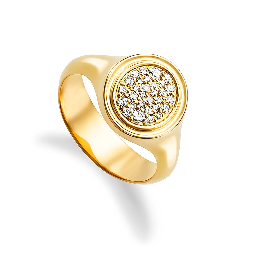 Oval signet ring, yellow gold, diamonds, engraved outline