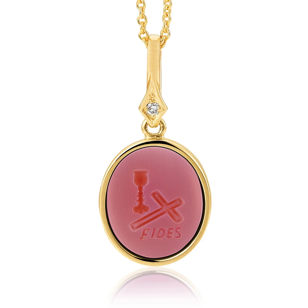 Oval pendant necklace, yellow gold, pink gemstone, cup, a cross and „Fides“ writing, diamond.