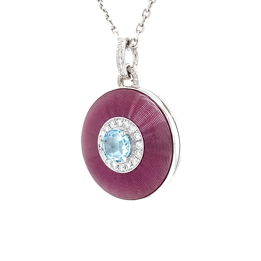 Ovaler Anhänger aus Weißgold, mit rosa Farbe, verziert mit Brillanten und einem blauen Edelstein