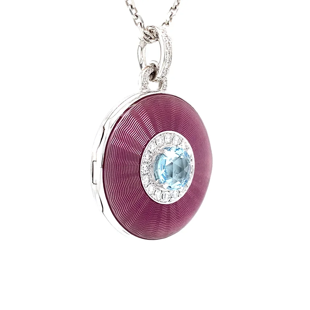 Ovaler Anhänger aus Weißgold, mit rosa Farbe, verziert mit Brillanten und einem blauen Edelstein