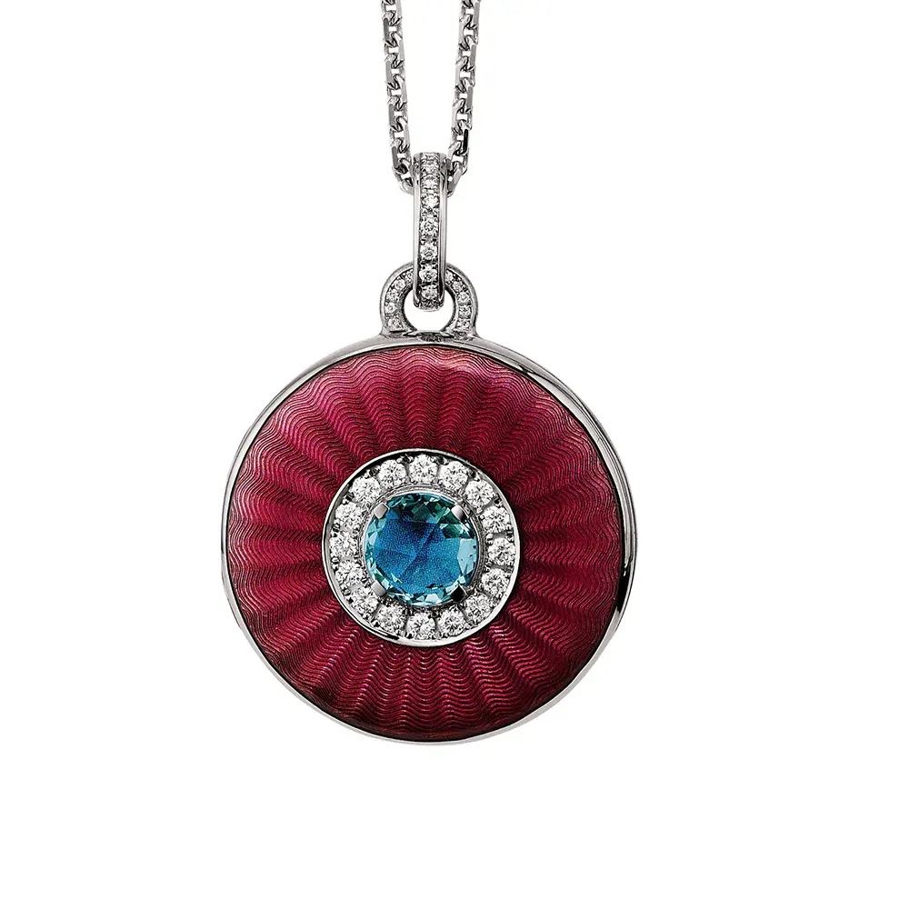 Ovaler Anhänger aus Weißgold, mit rosa Farbe, verziert mit Brillanten und einem blauen Edelstein