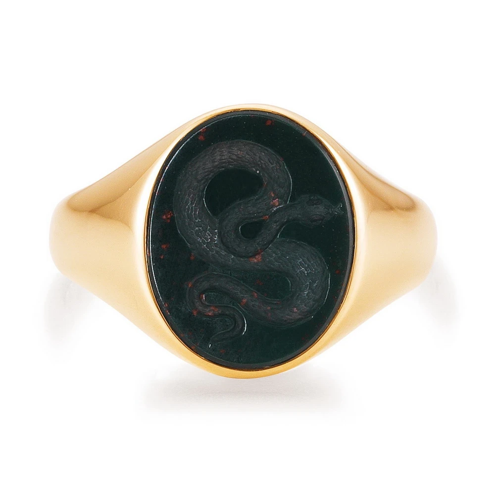 Signet ring rose gold with oval dark gemstone and snake engraving