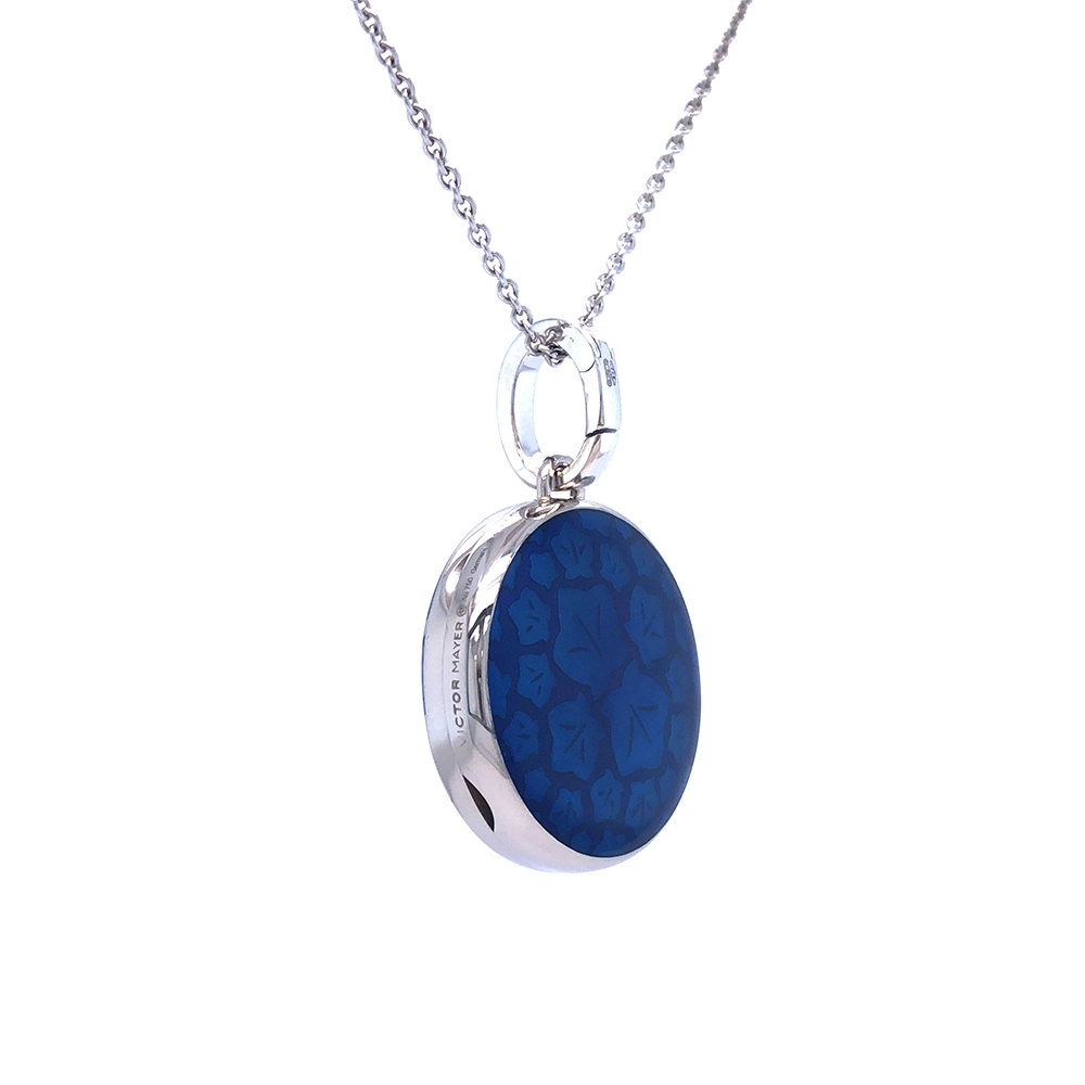 Medaillon aus Weißgold blau gefärbt und verziert mit Brillanten