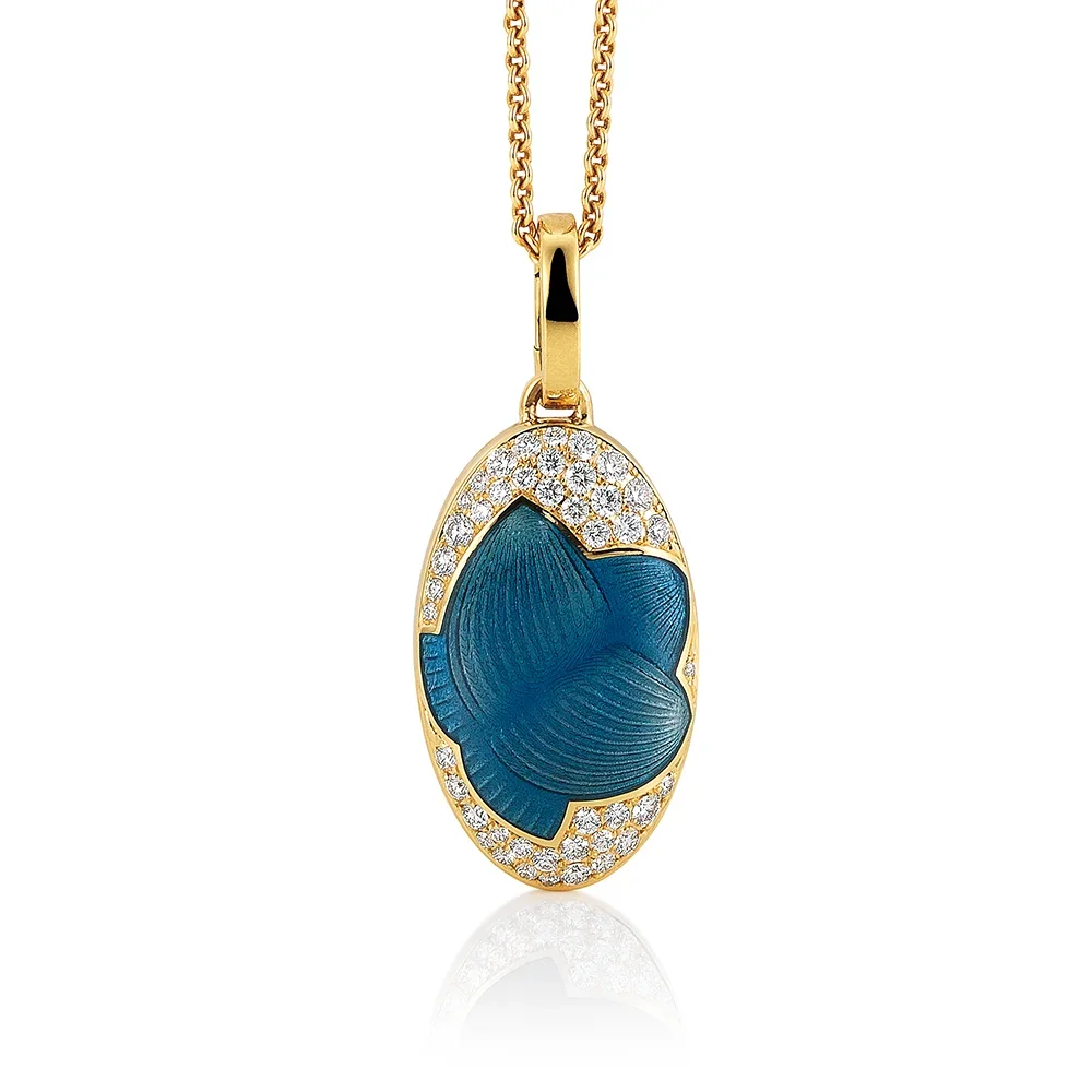 Yellow gold Locket coloured blue and decorated with diamonds