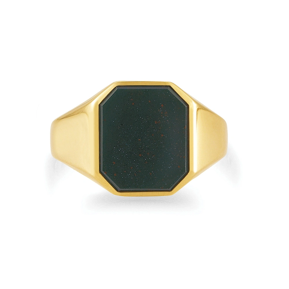 Octagonal signet ring in yellow gold with a green gemstone