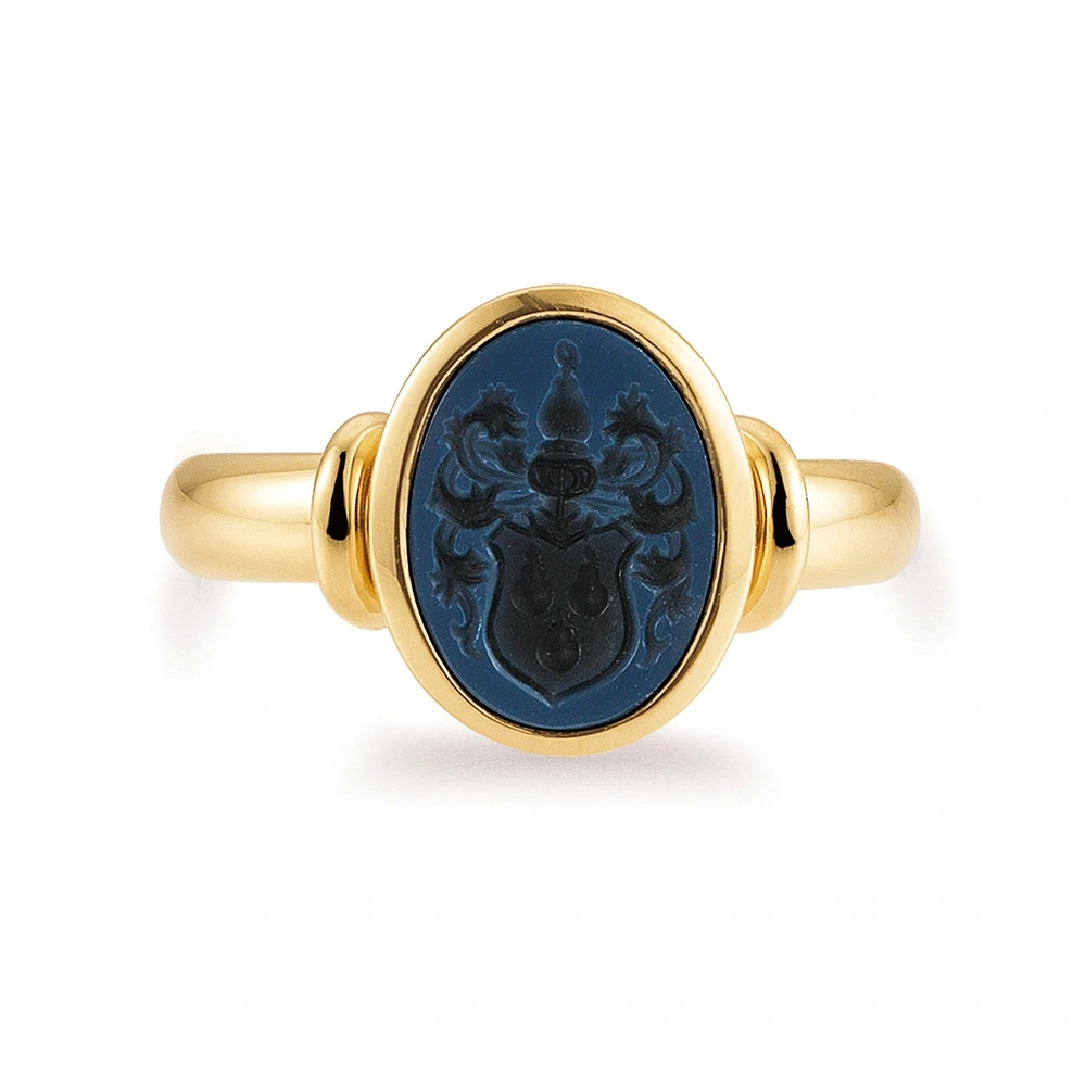 Oval crest ring yellow gold blue gemstone coat of arms engraving